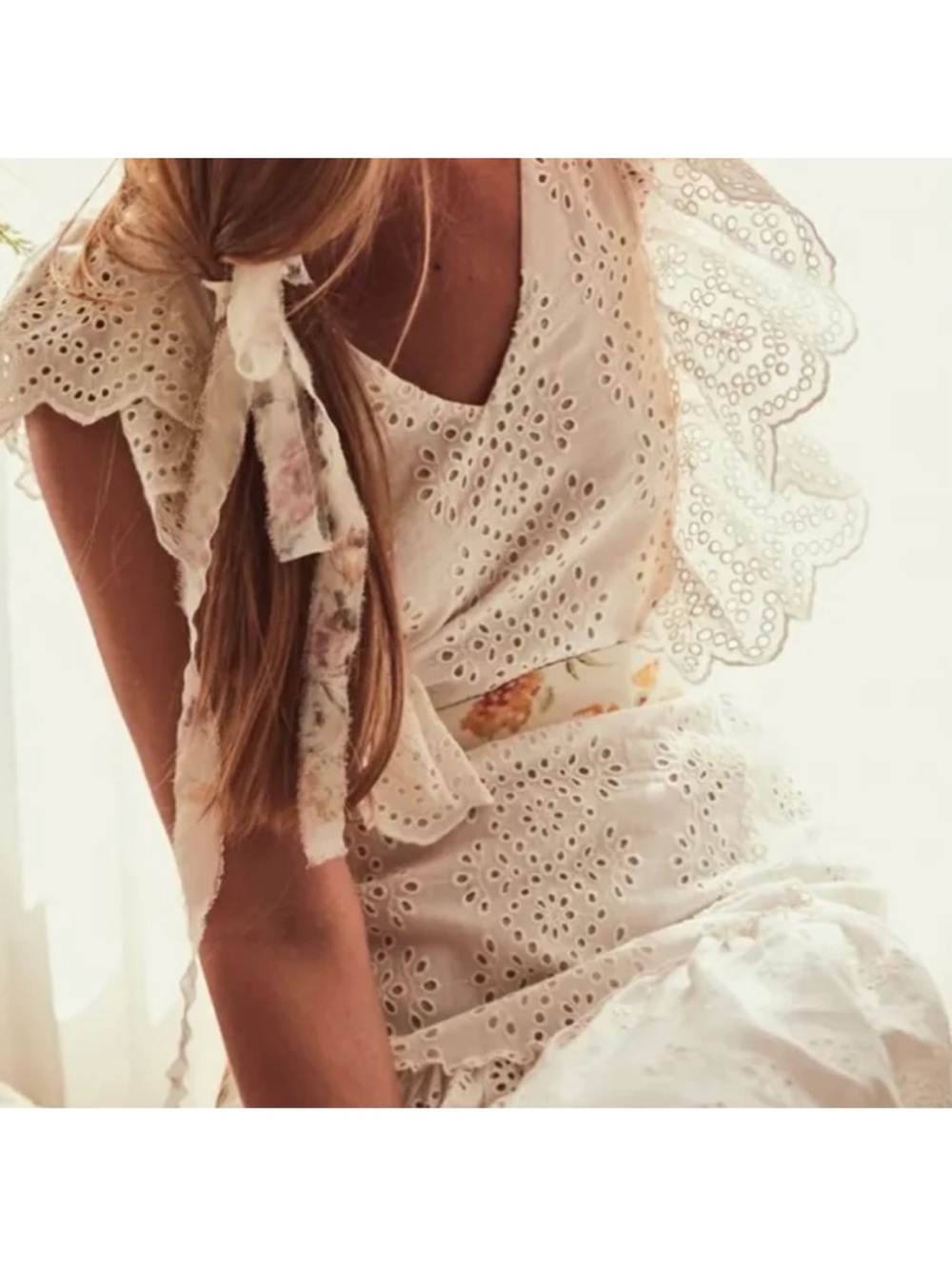 Love Shack Fancy Eyelet Maxi Dress in Cream - Romantic Ruffle Detail